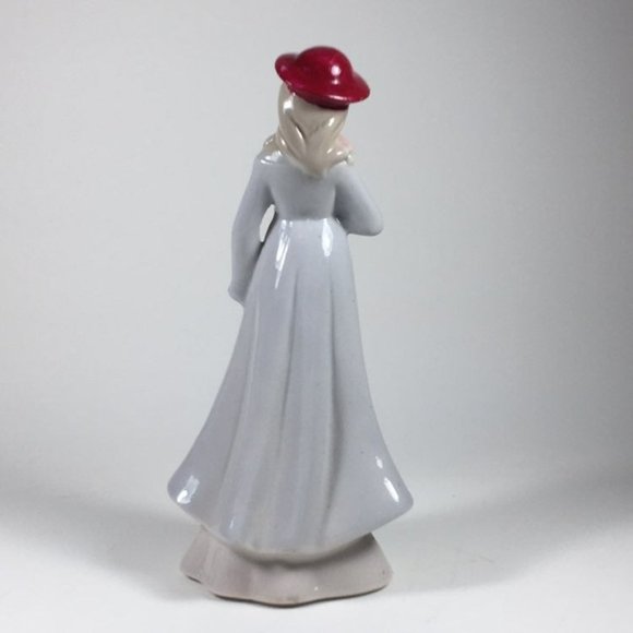 Vintage Ceramic Figurine Woman In Red Hat Holding Flowers 7" Tall Floral Details - Picture 5 of 8